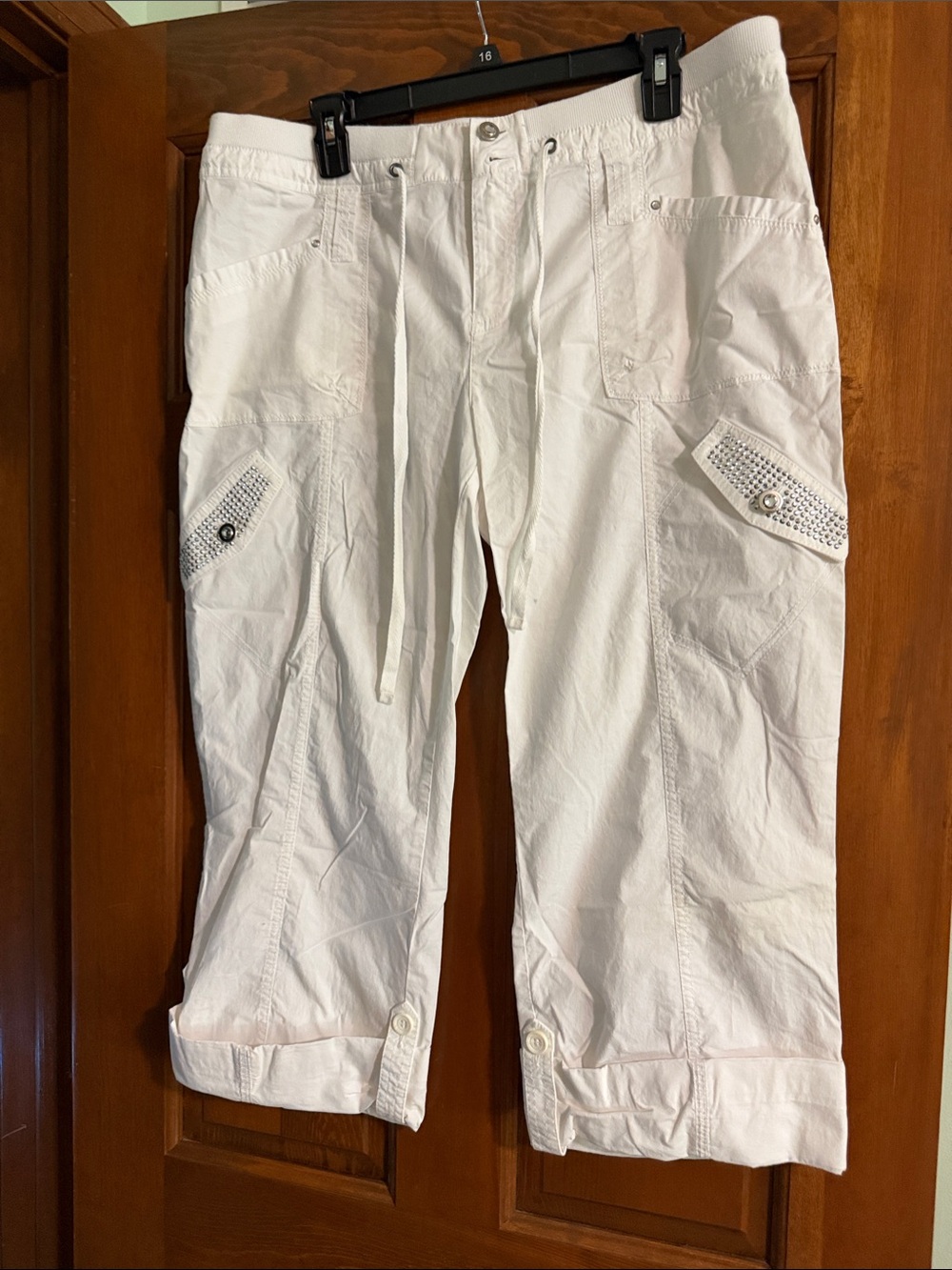 White Studded Embellished Cargo Capri Pants